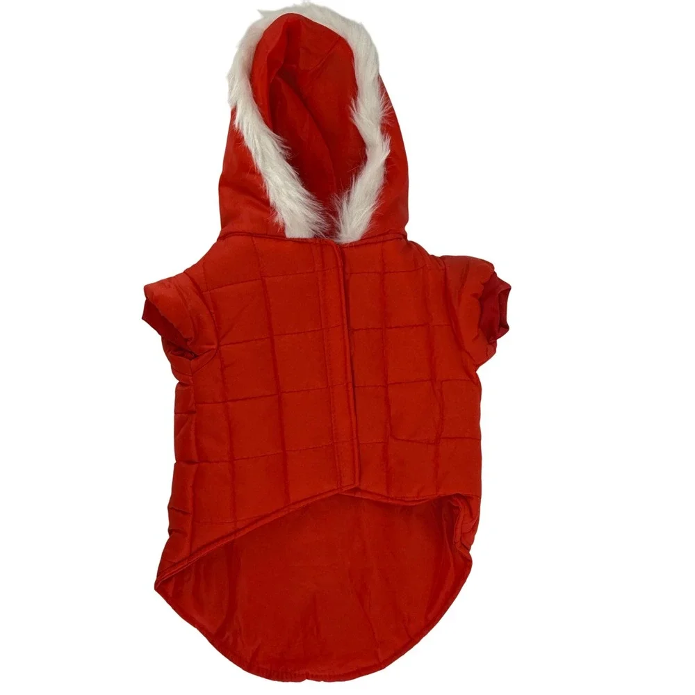 Partie Folies Dog Costume Red Puffer Vest‎ with Faux Fur Hood Pet Apparel NWT